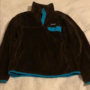 brown and blue patagonia jacket